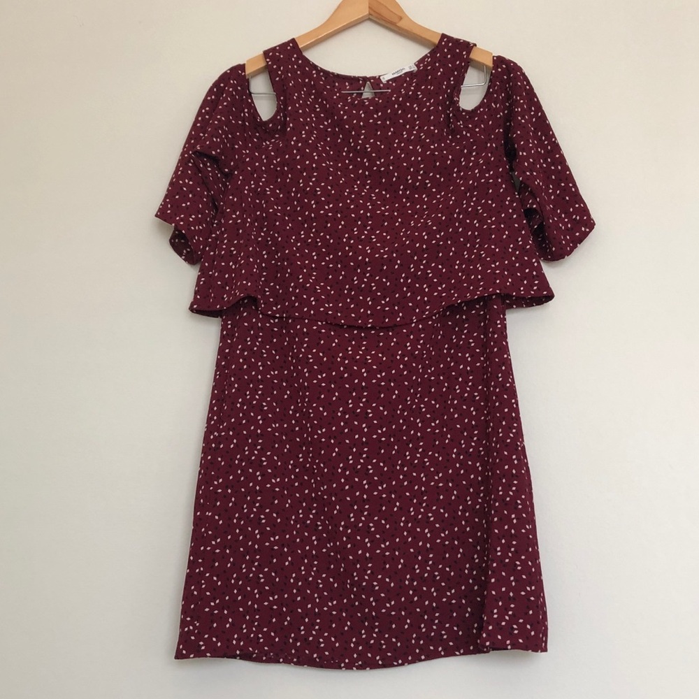 MANGO Cold-Shoulder Burgundy Dress